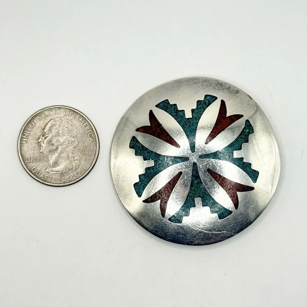 Carl Allen Begay Coral Turquoise Inlay Signed Navajo Native American Pin Brooch